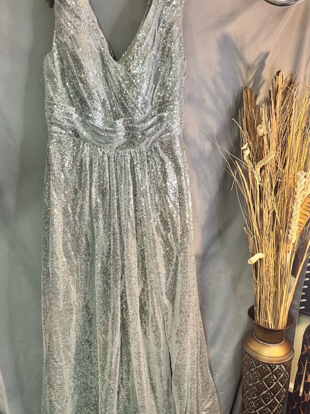 Silver Sequin V-Neck Prom Gown